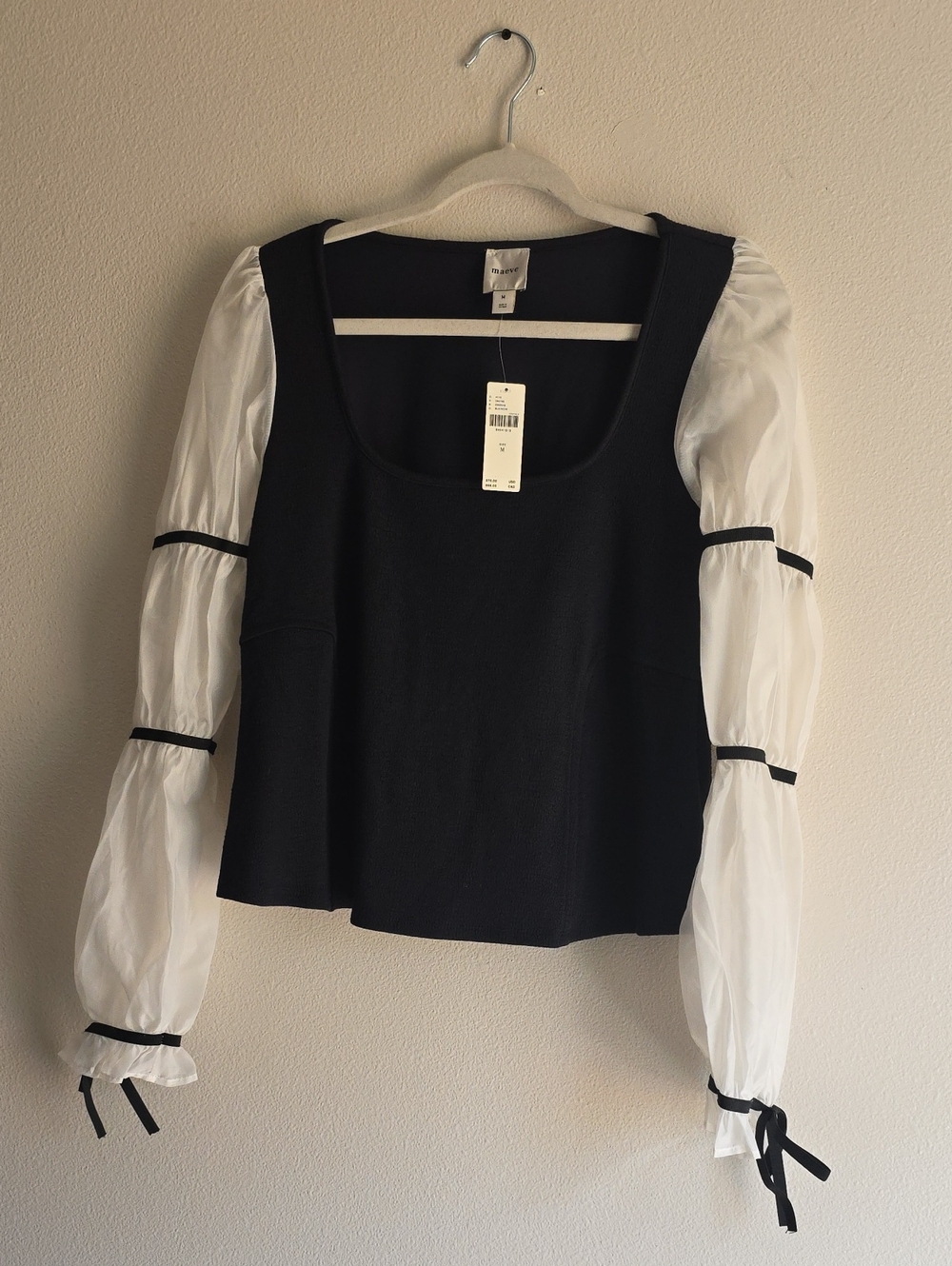 Anthropologie Black  Top with White Puff Sleeves